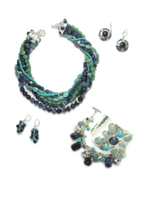 Semi precious stone multi row necklace, cuff & earrings