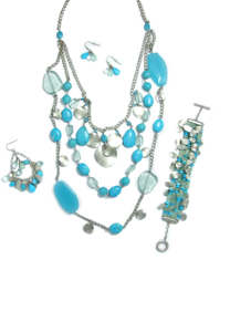 Ocean blue glass with metal coin necklace. bracelet & earrings